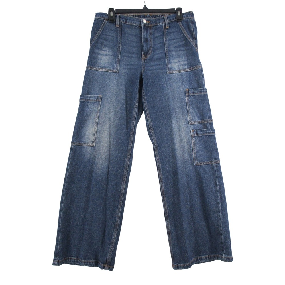 No Boundaries Womens Medium Wash Cargo Wide Leg Utility Jeans Size M 8-10